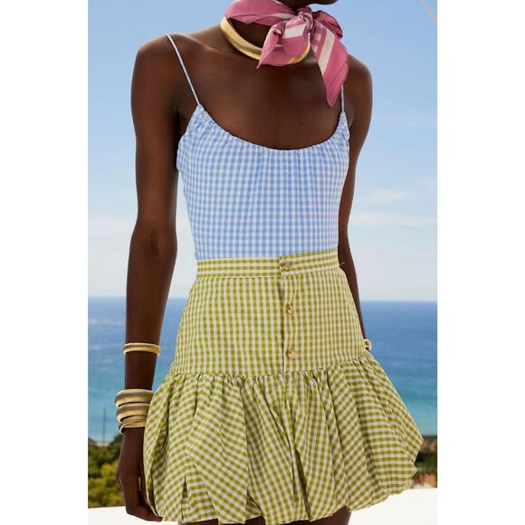 NWT CAROLINE CONSTAS Green White Gingham Checkered Reina Bubble Mini Skirt XS - Picture 11 of 12